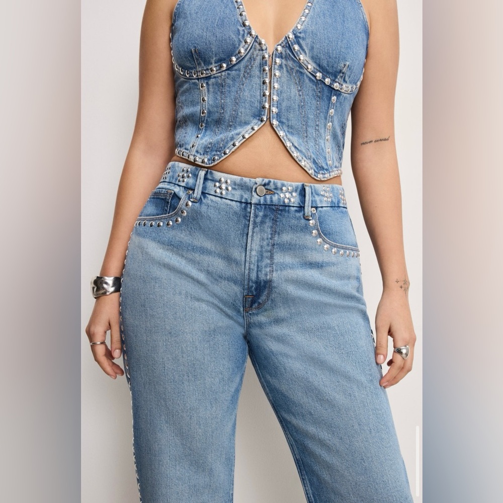 🌟RARE🌟Good American GOOD ICON STUDDED STRAIGHT JEANS | INDIGO895 | 6 | NWT - Picture 8 of 11